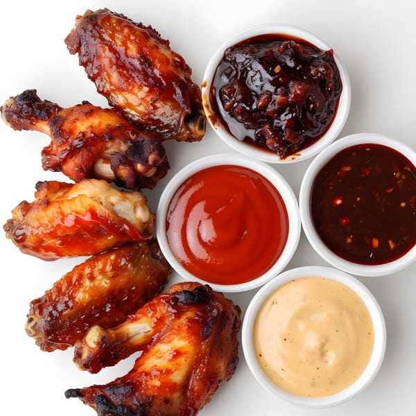 AJ's Pizza, Subs, and Wings' BBQ chicken wings with various dipping sauces.