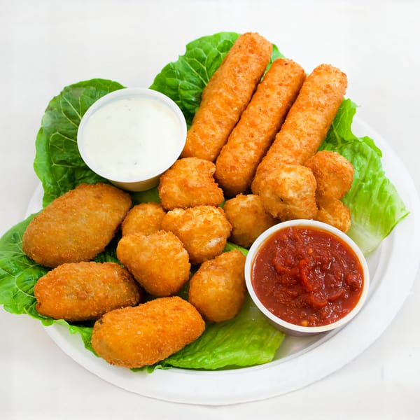 A platter of fried appetizers, including mozzarella sticks, jalapeño poppers, and fried mushrooms, with dipping sauces.