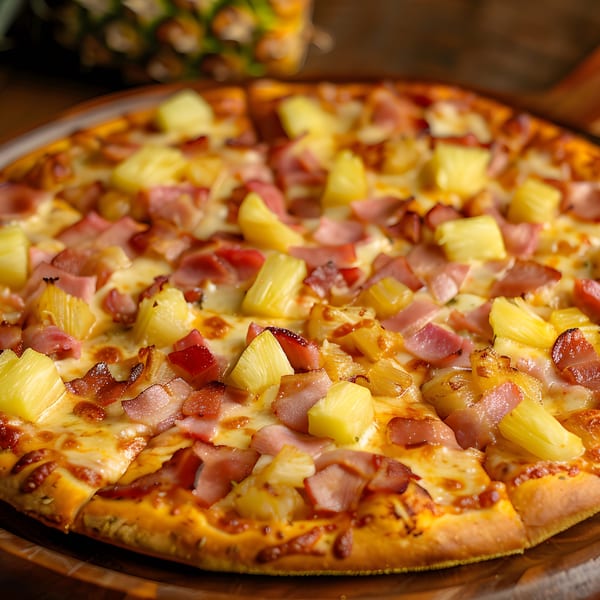 A close-up of a Hawaiian pizza from AJ's Pizza, Subs, and Wings, topped with ham and pineapple.